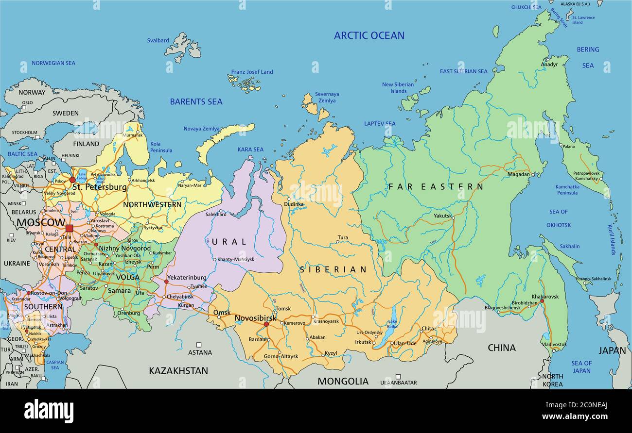 Russland - sehr detaillierte editierbare politische Karte mit Beschriftung. Stock Vektor