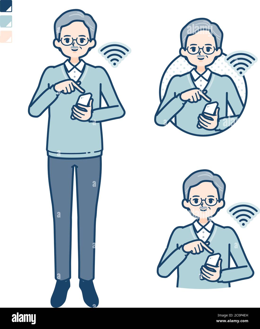 Senior man mit bedienen Smartphone-Bilder. Es ist Vektorgrafik, so dass es einfach zu bearbeiten ist. Stock Vektor