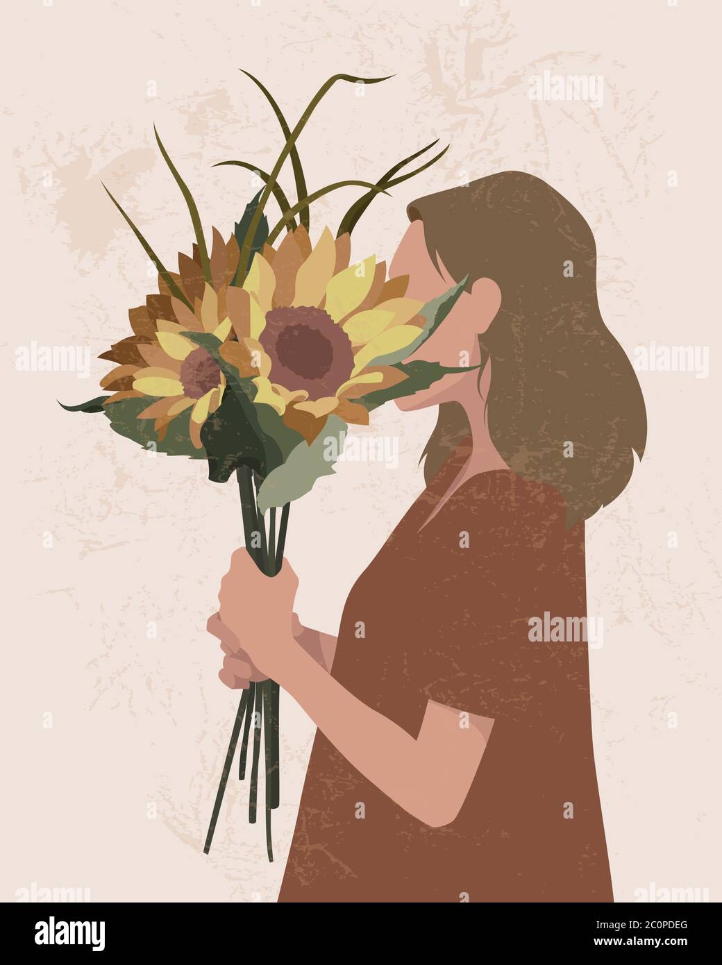Junges Mädchen mit Sonnenblumen bedeckt ihr Gesicht. Vektor-Illustration einer Dame mit floralen Elementen. Stock Vektor