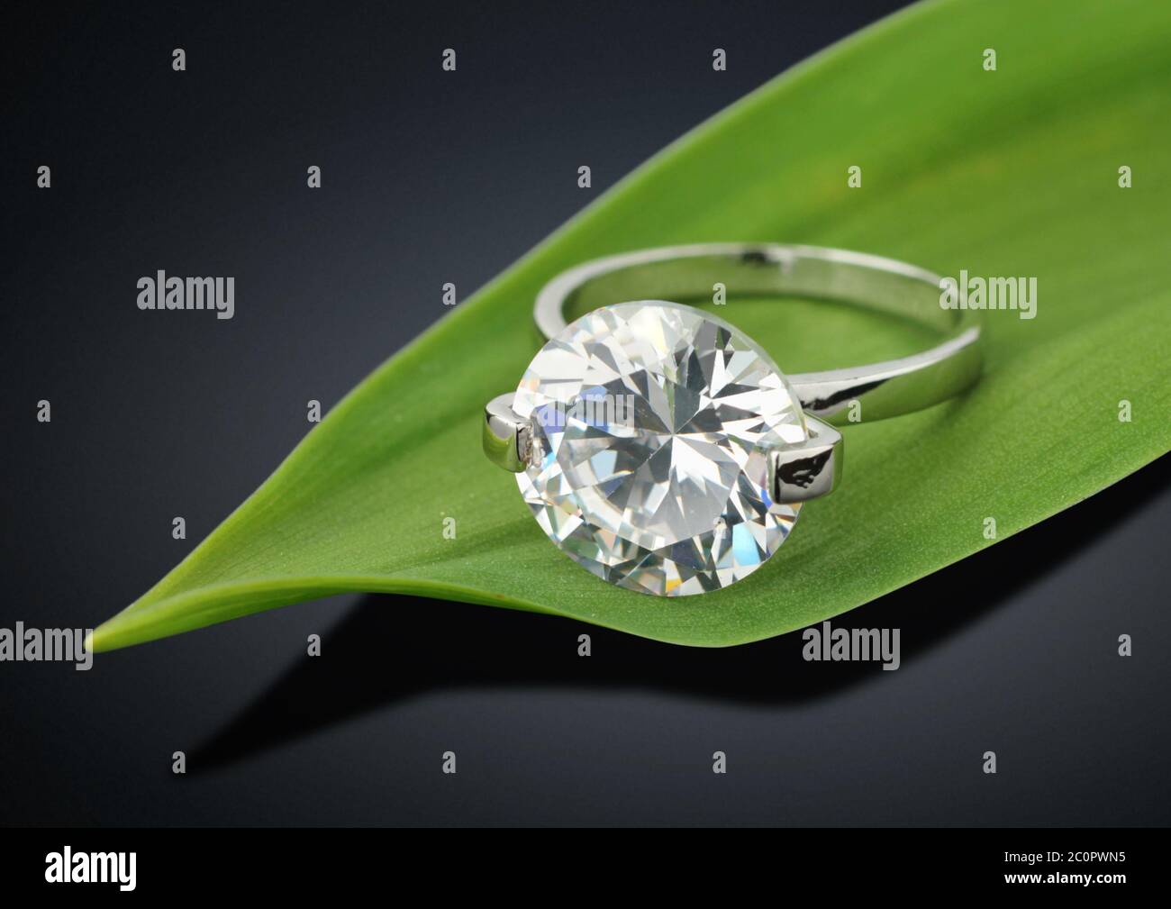 Schmuckring mit großem Diamanten auf grünem Blatthintergrund, Kopierraum Stockfoto