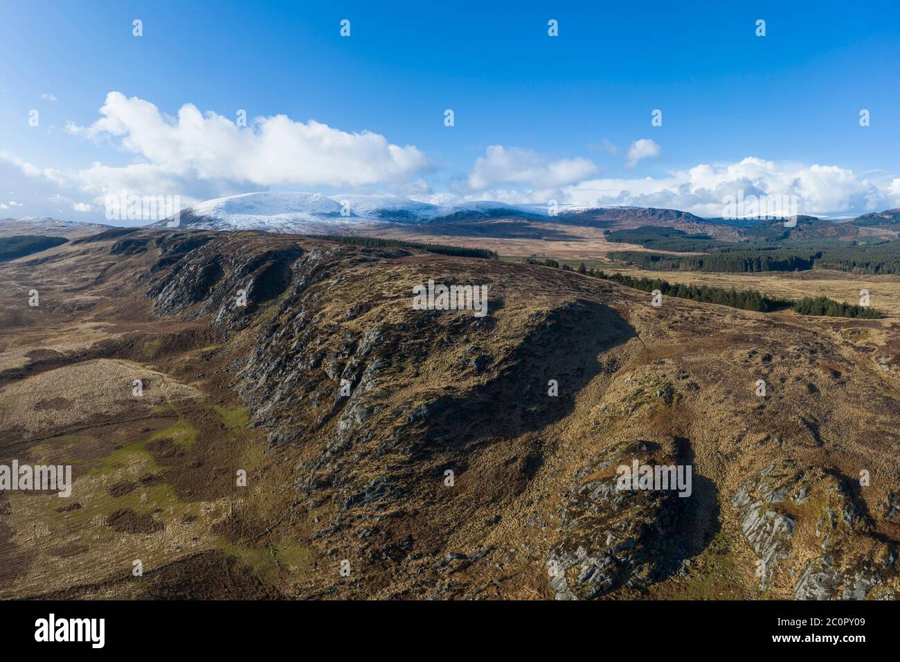 Luftaufnahme der Clints oder Dromore und Cairnsmore der Flotte, Galloway Hills, nahe Gatehouse of Fleet, Dumfries & Galloway, Schottland Stockfoto