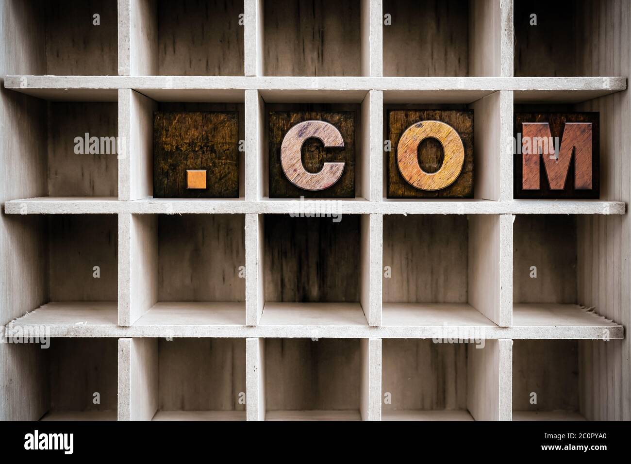 Dot Com Concept Holzbetterpress Typ in Draw Stockfoto