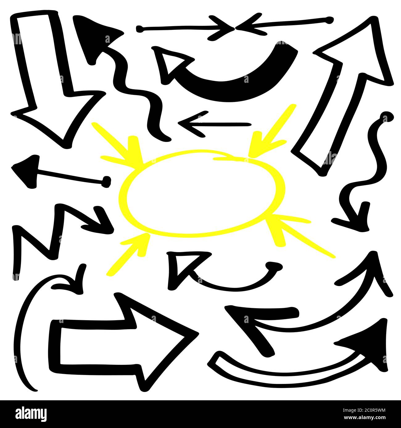 Doodle Arrows Symbol auf weiß isoliert gesetzt. Schwarzer handgezeichneter Pfeil. Vektorgrafik Stock Vektor
