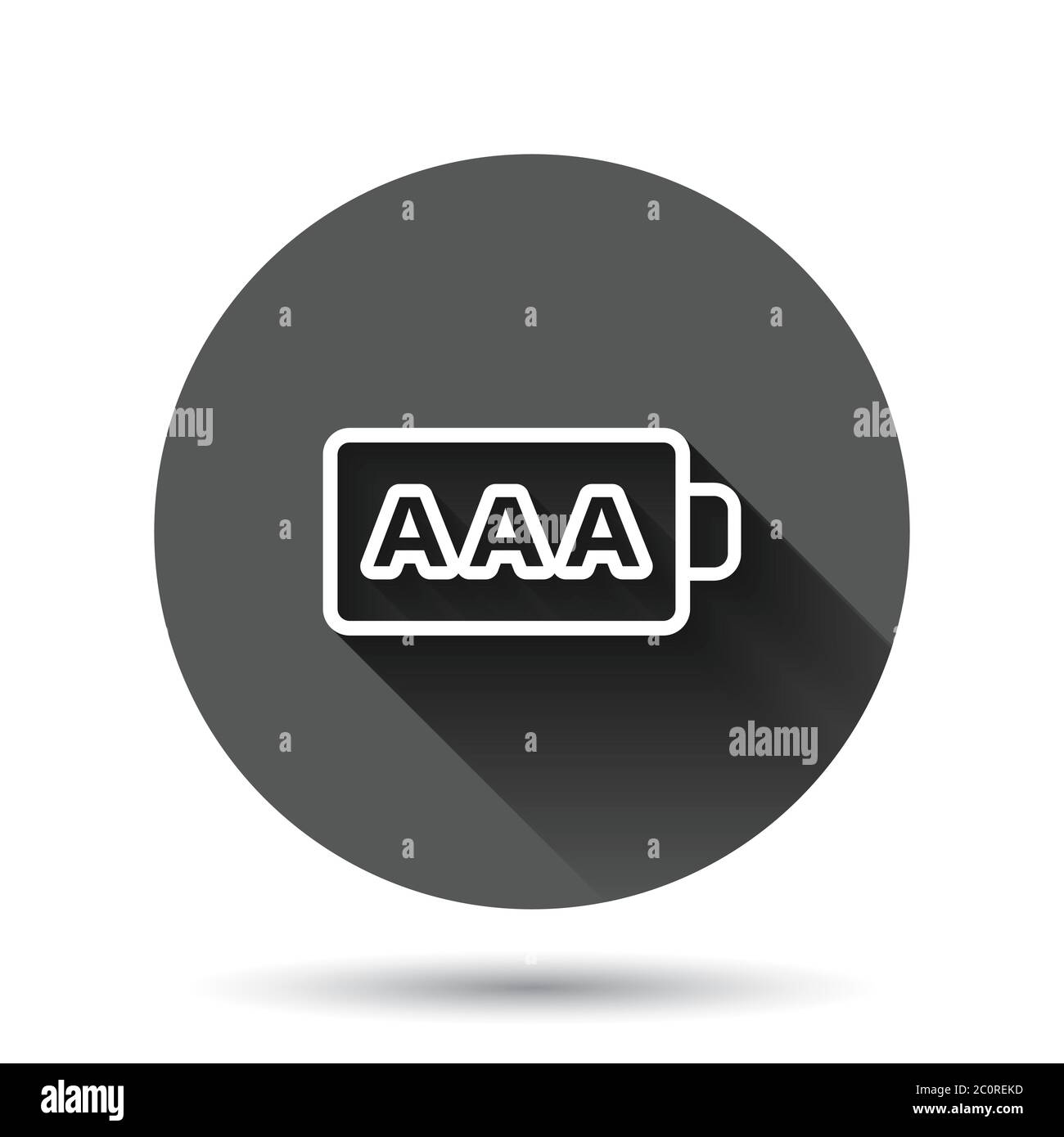AAA-Batteriesymbol in flacher Ausführung. Vektordarstellung auf schwarzem, rundem Hintergrund mit langen Schatteneffekten. Lithium-Akkumulator Kreis Taste b Stock Vektor