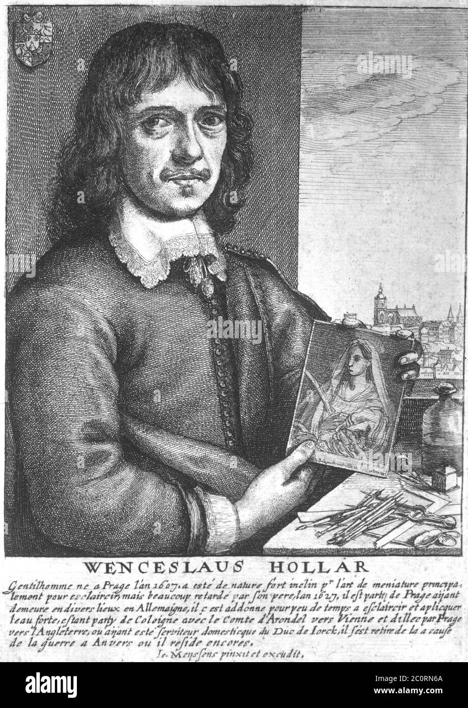 WENZEL HIOLLAR (1607-16787) Böhmischer Kartengravur. Porträt mit Prager Burg im Hintergrund. Stockfoto WENZEL HIOLLAR (1607-16787) Böhmischer Kartengravur. Porträt mit Prager Burg im Hintergrund. Stockfoto