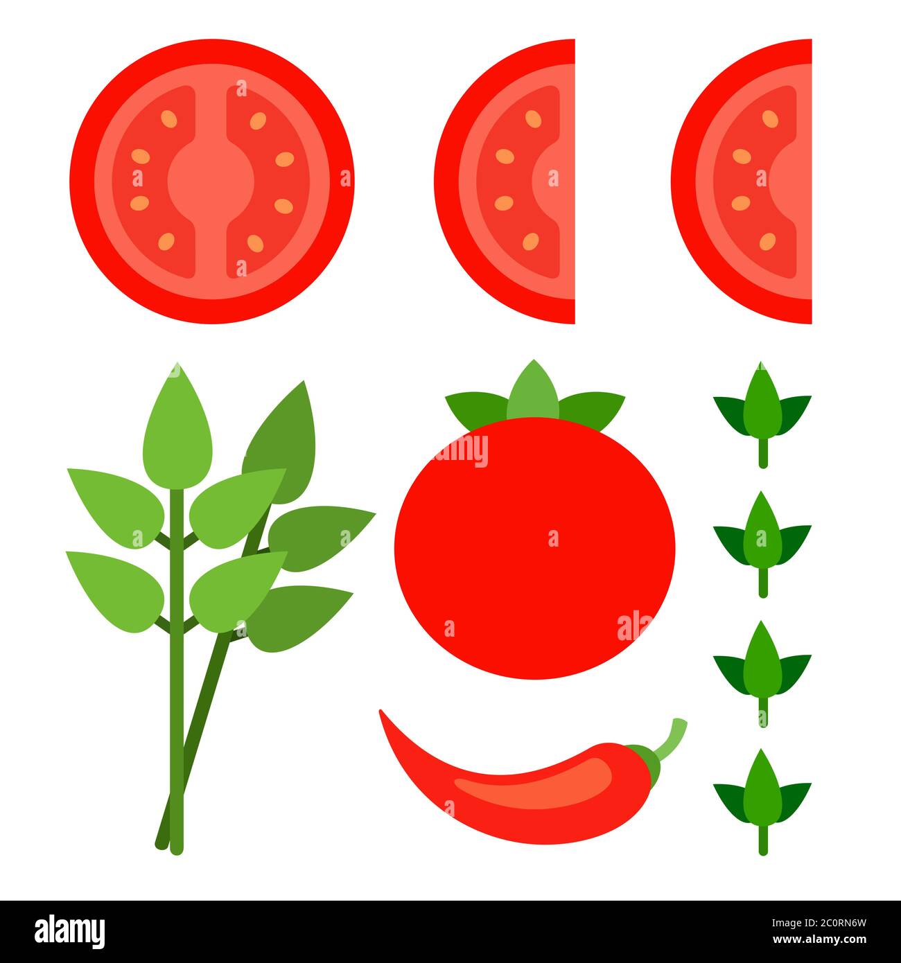 Set von geschnittenen Scheiben von Tomaten, Paprika, grüne Blätter flach Symbol Vektor isoliert Stock Vektor