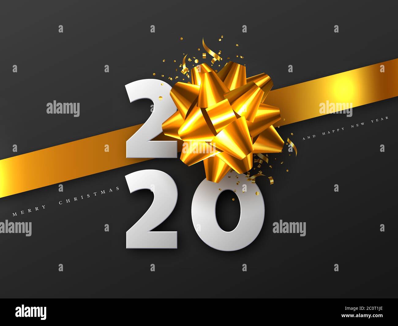 2020 Neujahrsschild mit 3d-goldener Schleife. Stock Vektor