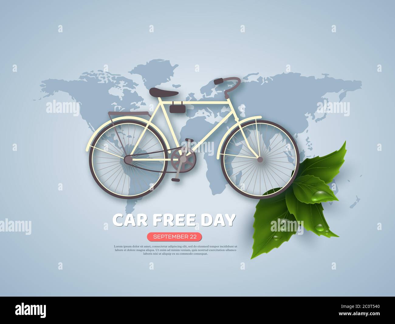 Auto frei Tag Urlaub Banner oder Poster. Papier geschnitten Stil Fahrrad, realistische Blätter mit Wassertropfen. Weltkarte blau Farbe Hintergrund, Vektor Stock Vektor
