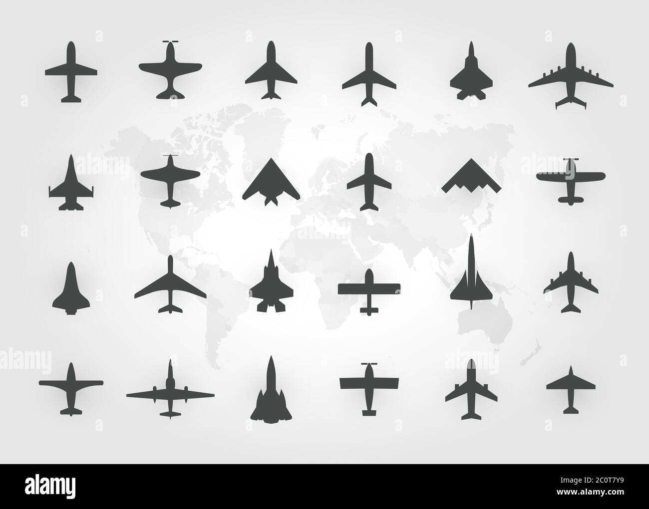 Flugzeuge Symbol gesetzt. Der schwarze Silhouette Flugzeuge, Jets, Flugzeuge und retro Ebenen Symbole. Isolierte Vektor logos Vorlage auf Weiß Stock Vektor