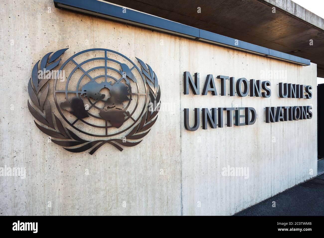 GENF, SCHWEIZ - 20. JULI 2019: Büro der Vereinten Nationen Genf oder UNOG befindet sich im Gebäude des Palais des Nations in Genf Stockfoto