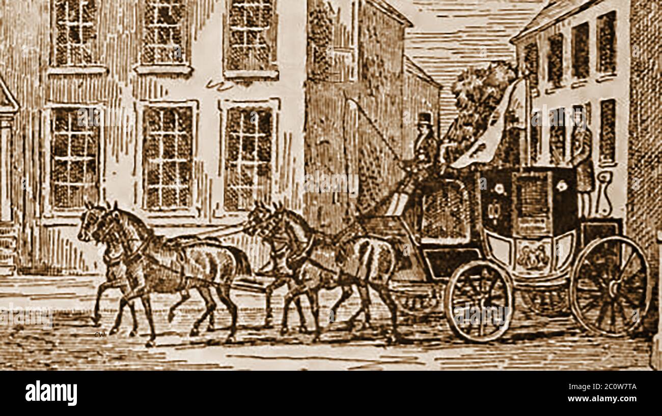 Der Edinburgh Mail Bus in der Nähe des Mansion House, York in den Tagen der Coaching-Ära. Die 'Edinbro' Mail' wurde von drei Firmen bearbeitet, die erste besaß die Busse zwischen London und York, die zweite zwischen York und Newcastle, und die dritte lief nach Edinburgh. Der Postcoach lief von 1786 bis 1842 ununterbrochen. Auf seiner letzten Reise bat Lord Wenlock, dass der Bus durch den Escrick Park fahren würde, wo er und Sir John Lister Kaye , die jeweils ihre eigenen Wagen mit schwarzen Bändern und Fahnen bestickt fuhren, eine Ehrenwache des Schwarzen Schwans in York bildeten. Stockfoto