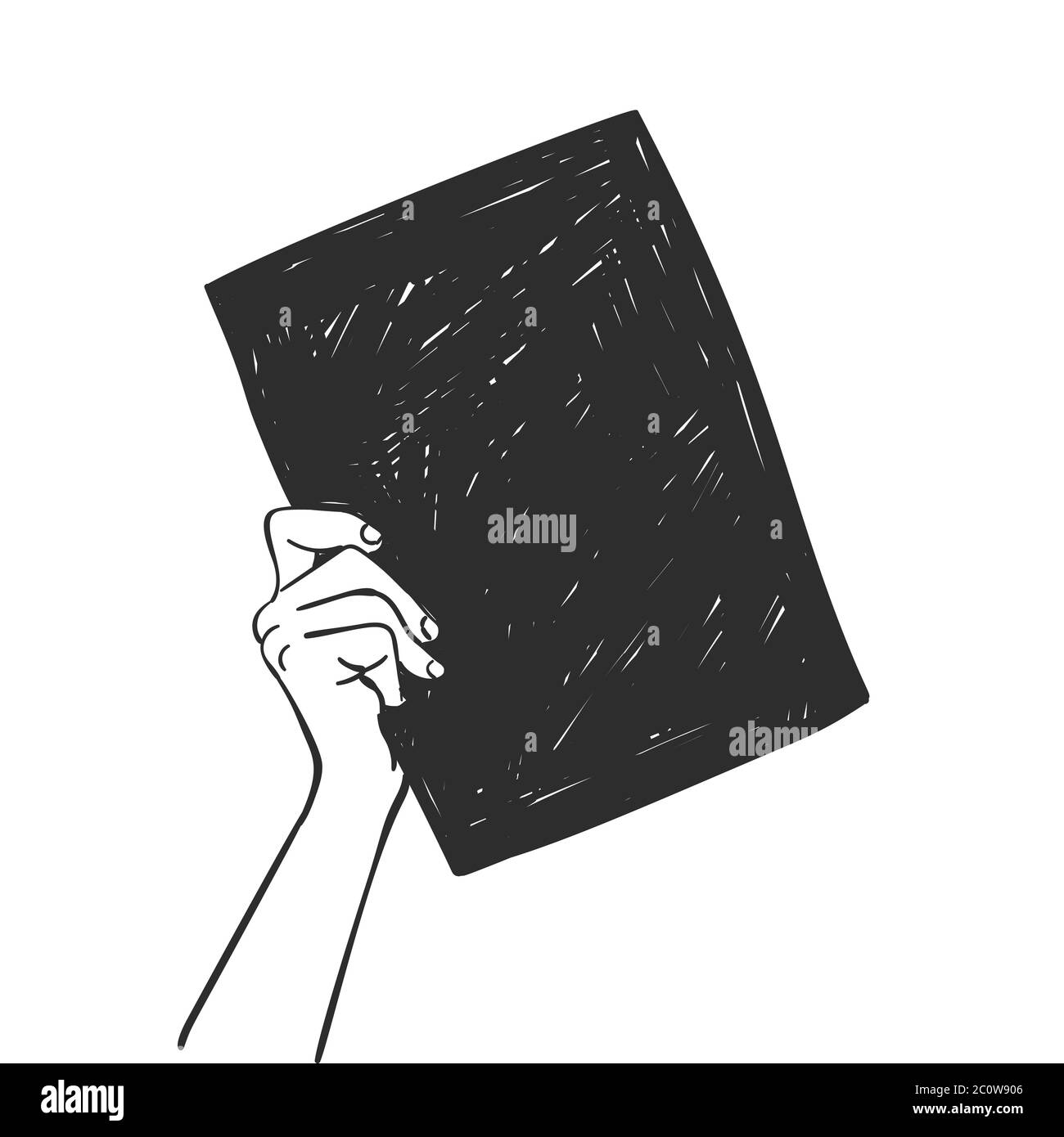 Hand hält schwarzes quadratisches Banner. Vektorskizze, handgezeichnete Illustration Stock Vektor