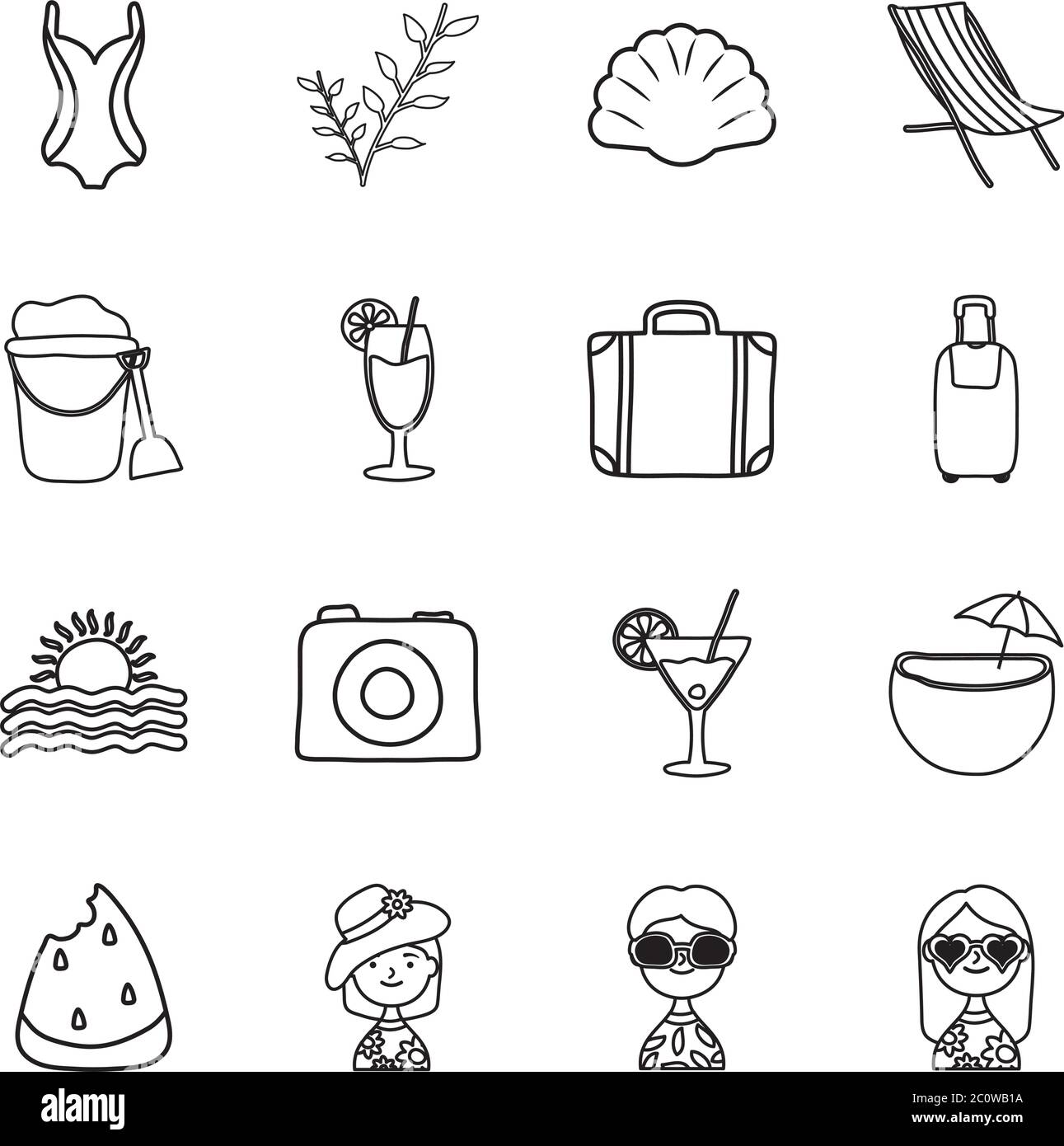 Pflanzen- und Sommersymbol auf weißem Hintergrund, Linienstil, Vektorgrafik Stock Vektor