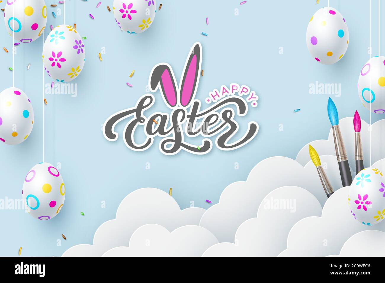 Frohe Osterbanner mit bemalten Hängeeiern. Stock Vektor