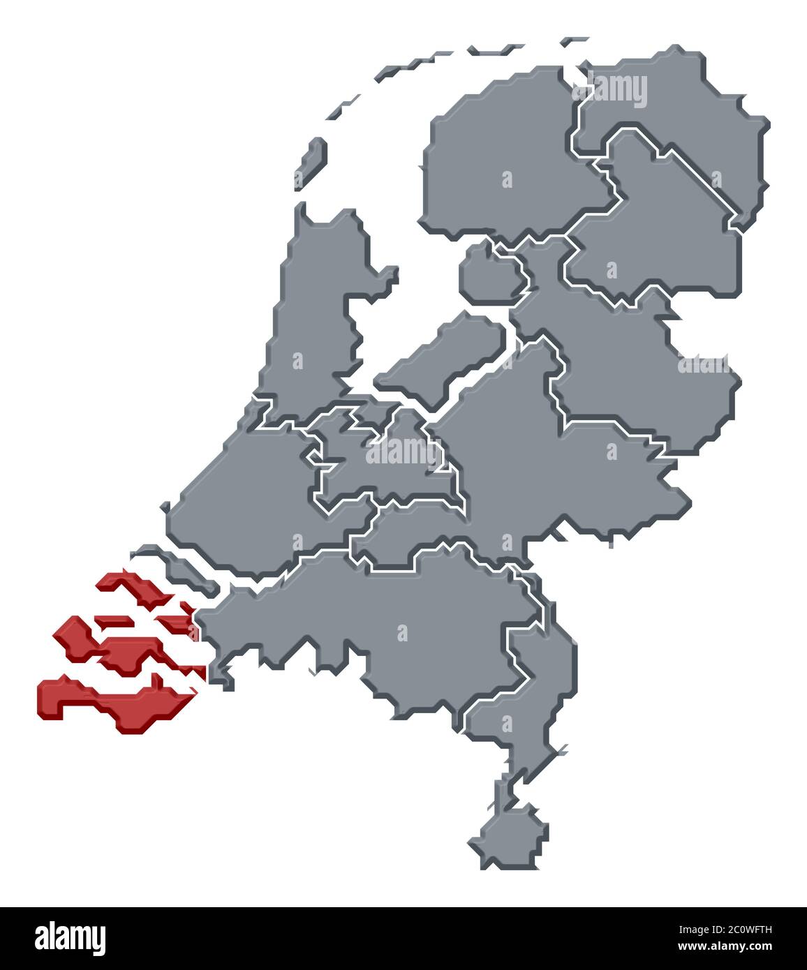 Politische Karte von Niederlande mit den mehrere Staaten wo Zeeland markiert ist. Stockfoto