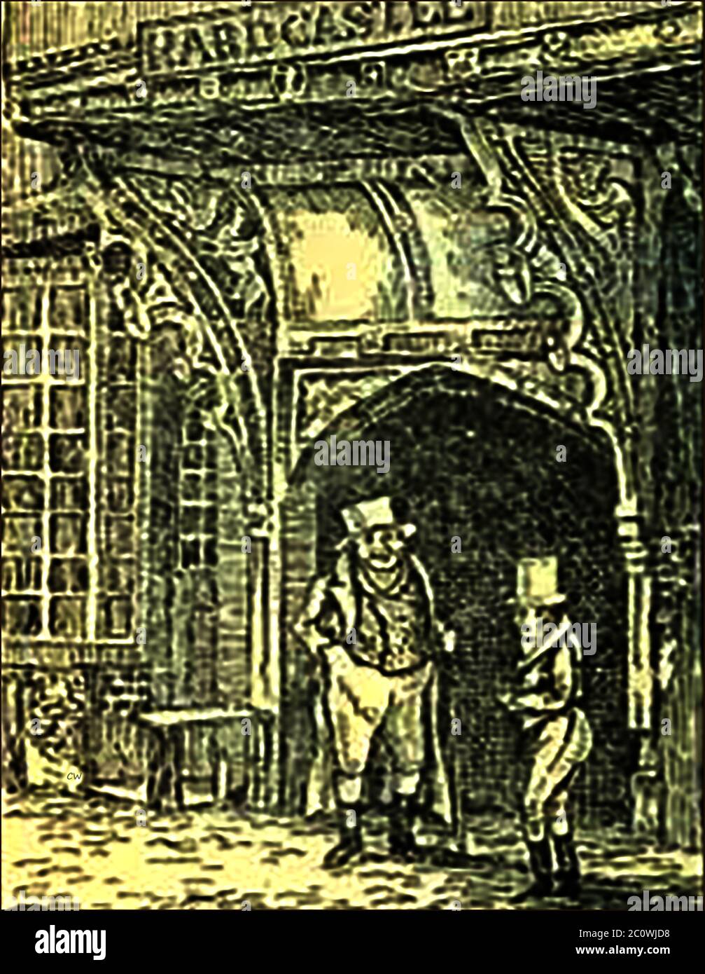 Eine Skizze des alten Eingangs zum White Swan Inn, York mit einem Kutscher und Postbote im Gespräch. Die Vermieterin im 19. Jahrhundert war Mrs. Hardcastle. Es wurde für seine ungewöhnliche Anordnung seiner Ställe, die aus einem großen Platz mit Ställen um drei Seiten bestand, und das Gasthaus auf der vierten, und dann ein weiterer großer quadratischer Block von Ställen in der Mitte bekannt. Das Gasthaus stand gegenüber von einem anderen Gasthaus, die Greyhounds (später umgewandelt zu Geschäften) der Weiße Schwan wurde als der wichtigste von beiden angesehen. Stockfoto