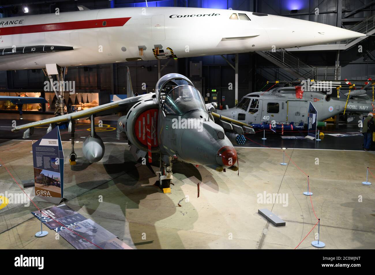 Concorde, Harrier und ein Luchs im Yeovil Air Museum. Stockfoto