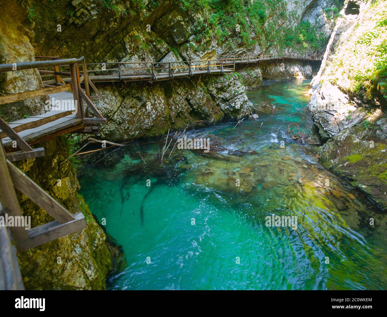 Vintgar Schlucht mit Holzweg und reinem blauen Wasser, Bled, Slowenien Stockfoto