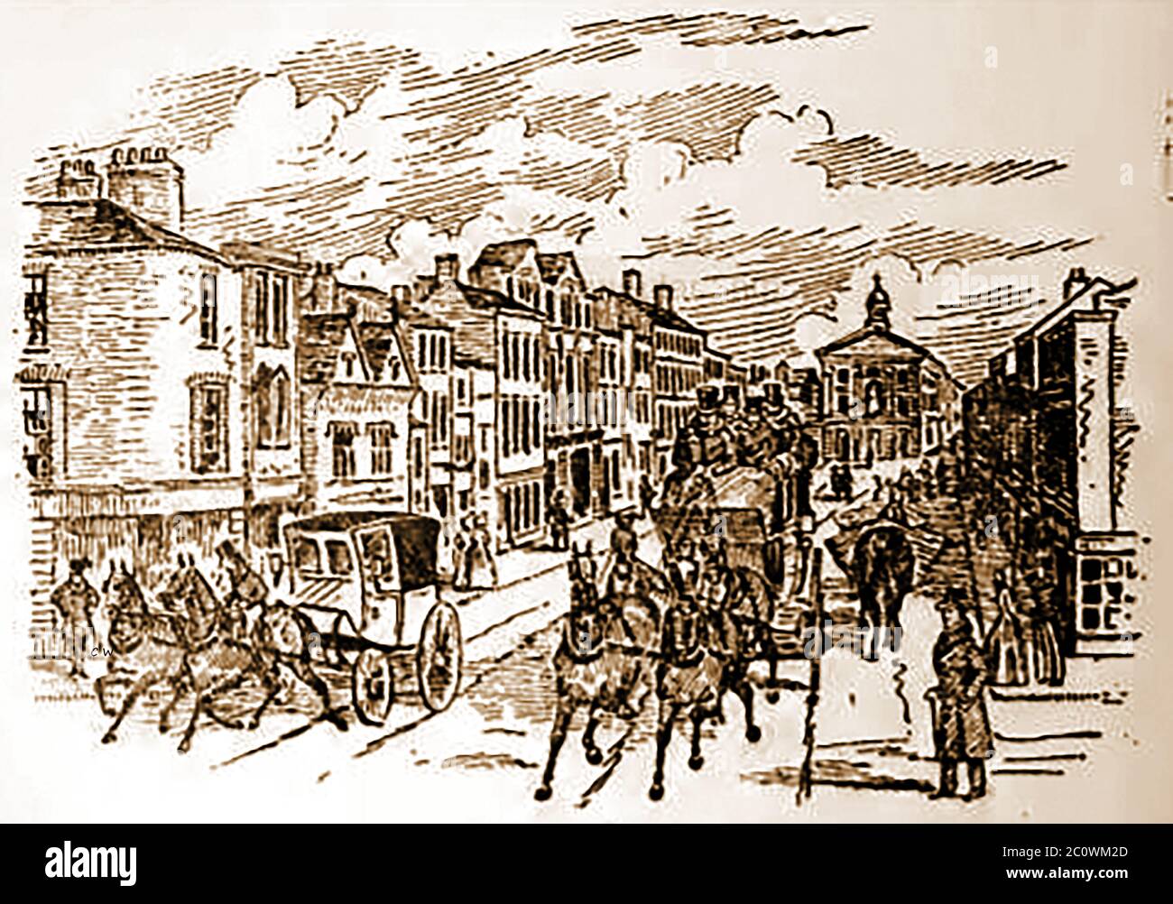 Eine historische Skizze von BRIGGATE Leeds, England, wie es 1888 während der Coaching-Ära war. Zu dieser Zeit waren viele Gasthäuser auf der Straße schon gegangen, einschließlich der Old King's Arms, der Talbot, (später Thornton's Arcade), die Rose und Crown, abgerissen, um Platz für die Queen's Arcade zu machen; Und das alte Weiße Pferd, das vor der Erweiterung der Böerspur an der westlichen Ecke der Weißen Rössl Straße gegenüberstand. Zu dieser Zeit blieben der Goldene Löwe, das Albion, der Stier und Mund und der Stern und der Garter an der Ecke Stockfoto