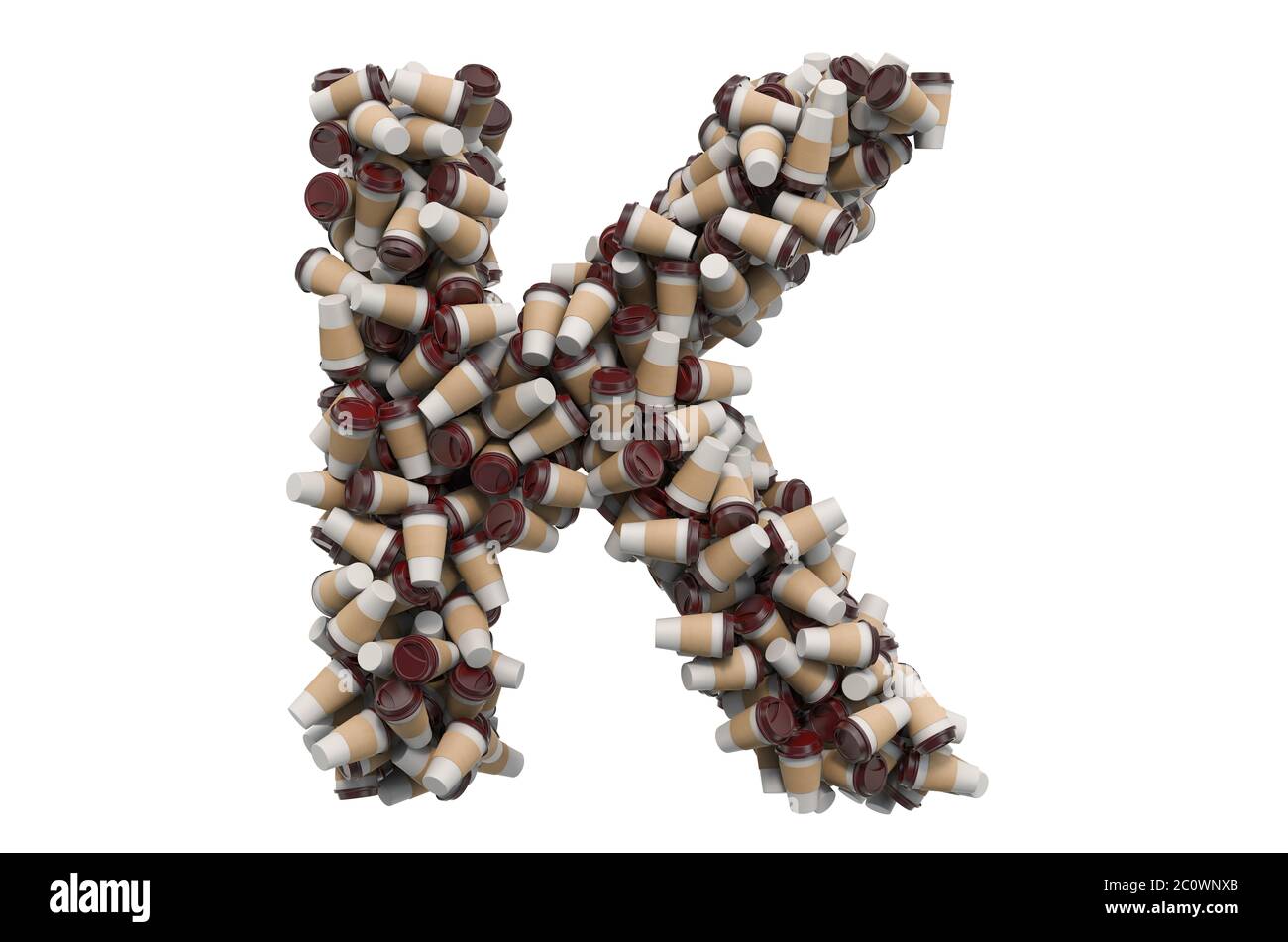 Buchstabe K aus Einweg-Tassen Kaffee oder Tee, 3D-Rendering isoliert auf weißem Hintergrund Stockfoto