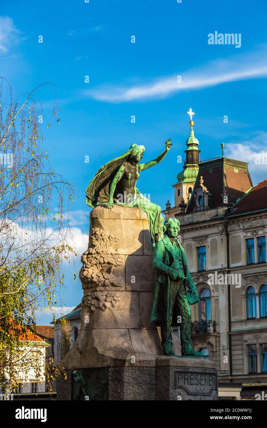 Skulptur des Dichters Preseren in Ljubljana Stockfoto