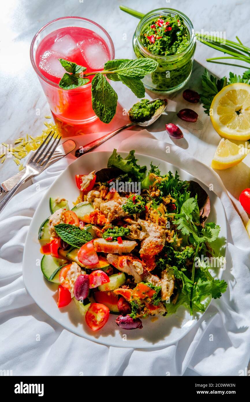 Sonniger Tag Nahost Huhn Shawarma Salat Reisplatte mit Zutaten umgeben Stockfoto
