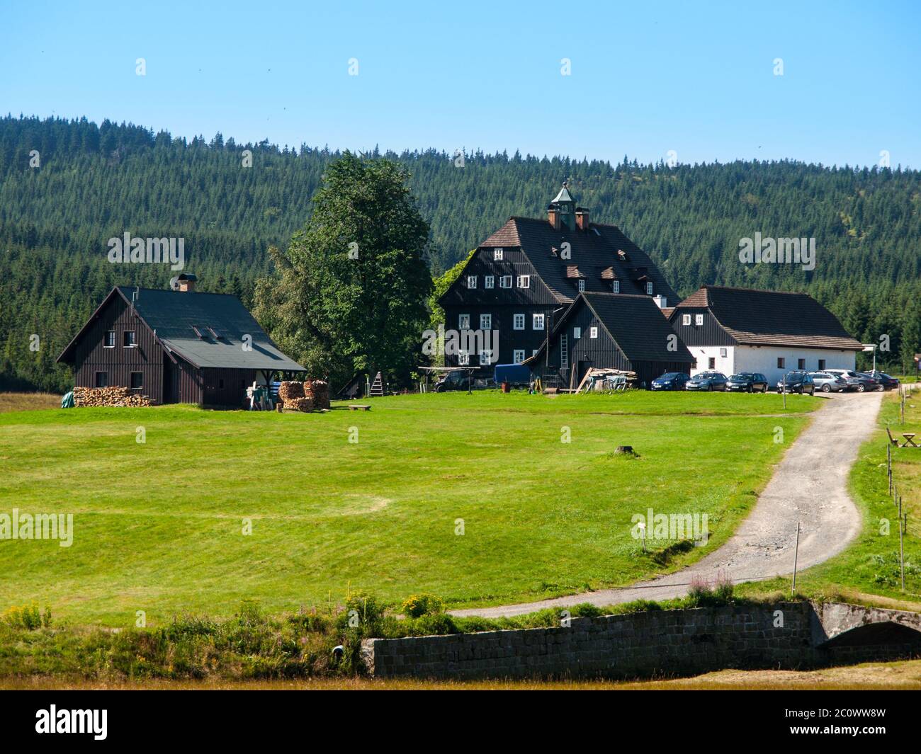 Jizerka - kleines idyllisches Bergglasmakerdorf im Isergebirge, Nordböhmen, Tschechische Republik, Europa. Sonnige Sommertag mit blauem Himmel aufgenommen Stockfoto