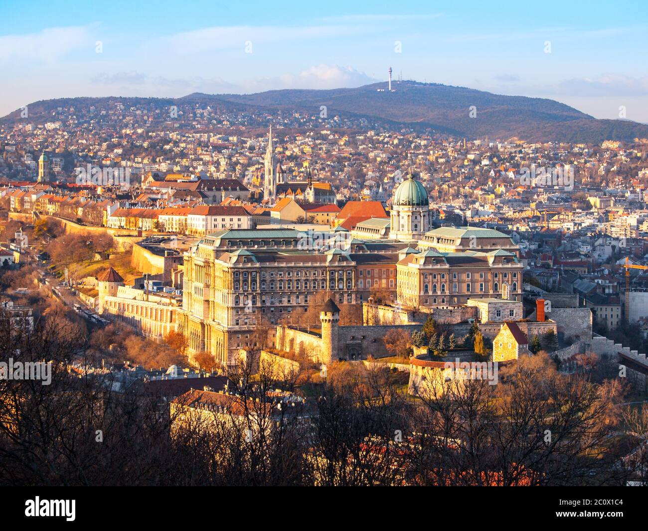 Blick auf die Budaer Burg vom Gellert-Hügel an sonnigen Abend, Budapest, Ungarn, Europa, UNESCO-Weltkulturerbe. Stockfoto