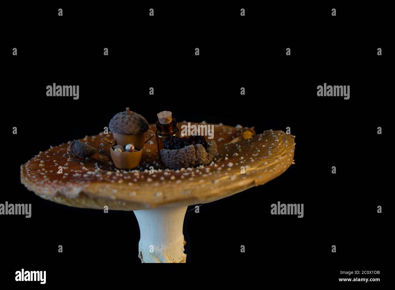 Fliegenpilz (Amanita muscaria) Tisch mit Miniatur-Tee-Set auf schwarzem Hintergrund Stockfoto