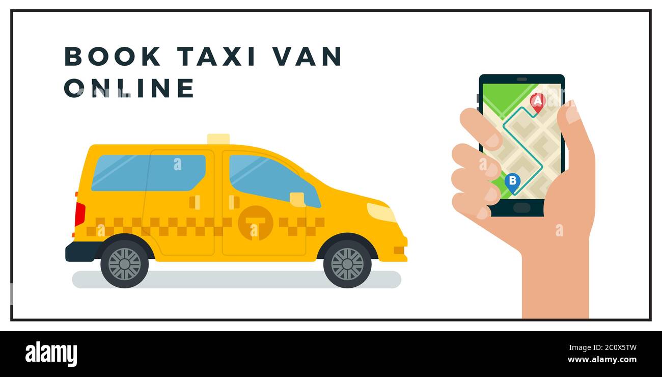 Taxi van online Vektor-Illustration in flachem Design buchen. Stock Vektor