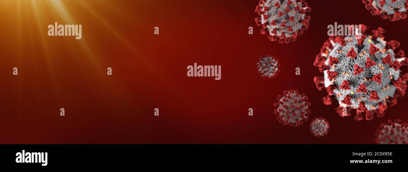 Coronavirus oder COVID-19 Grippe, Virus 3D medizinische Illustration Rendern. Gefahr öffentliche Gesundheit Krankheit. Pandemiekonzept einschließlich CDC-Public-Domain-Elementen. Stockfoto