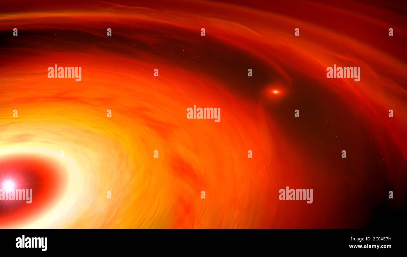 Kunstwerk eines Gasriesen-Planeten, der sich in einer Akkretionsscheibe um einen Stern bildet. Der Planet (rechts) hat eine Lücke in der Scheibe beseitigt, während er Gas und Staub aus seiner Umgebung saugt. Jupiter und Saturn sollen sich so gebildet haben. Stockfoto