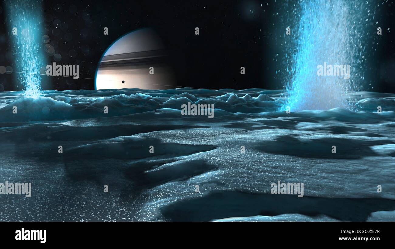 Enceladus ist ein mittelgroßer Satellit des Saturn, etwa 500 km weit, bekannt seit 1789. Er ist nur ein Zehntel der Größe des größten Saturnmondes, Titan. 2005 entdeckte die Raumsonde Cassini, dass diese relativ kleine Welt überraschend geologisch aktiv ist. Geysir-ähnliche Wasserstrahlen wurden gesehen, wie sie aus den südpolaren Oberflächeneisen des Mondes entlüften, die durch einen Prozess namens Cyrovulkanismus ("kalter Vulkanismus") entlüftet wurden. Ein weiterer Satellit, Mimas, ist auf Saturns Ringebene zu sehen. Stockfoto