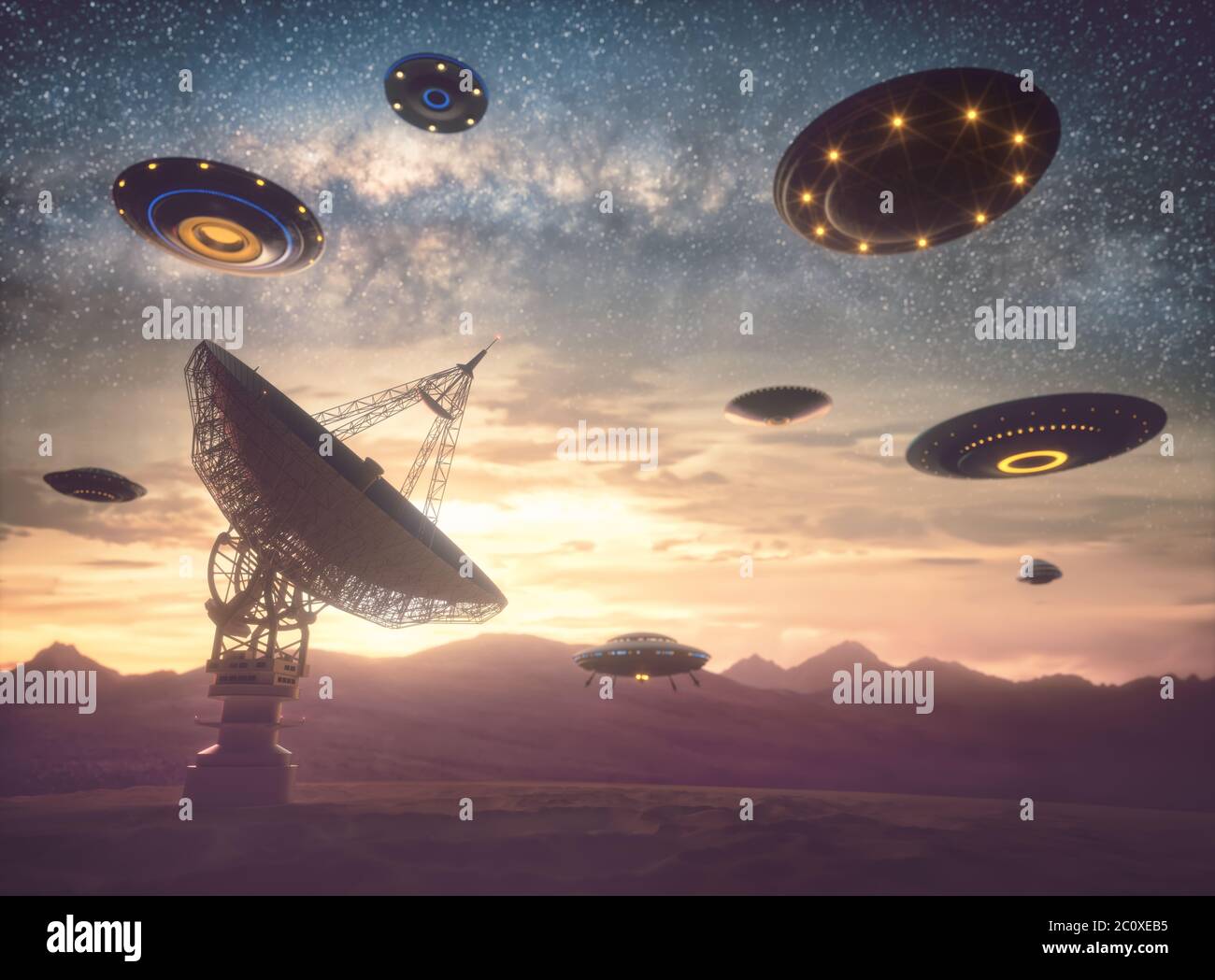 Alien Invasion, Illustration. Schwarm von nicht identifizierten Flugobjekten (UFOs) über einer Satellitenschüssel. Stockfoto