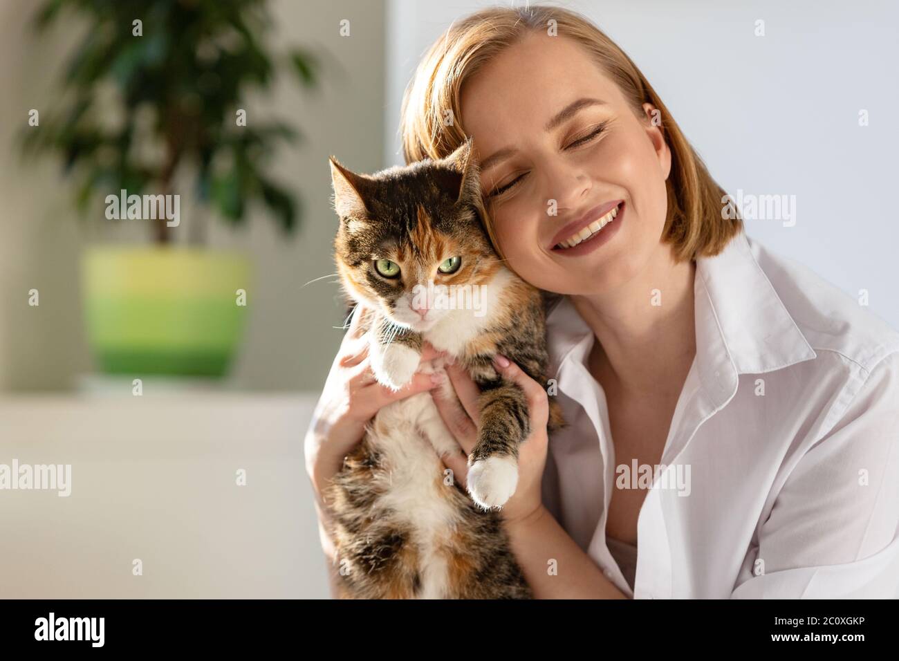 Nahaufnahme der lächelnden Frau in weißem Hemd umarmt und umarmt mit Zärtlichkeit und Liebe Hauskatze in zu Hause. Liebe zu den Tieren, Haustiere Konzept Stockfoto