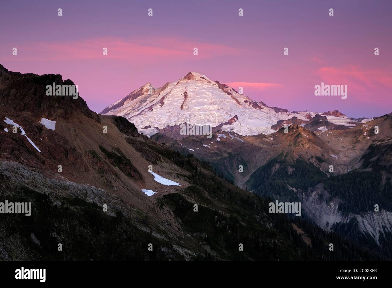 WA16711-00...WASHINGTON - Frühe Morgenbeleuchtung auf Mount Baker in der Mount Baker Wildnis Gegend von Mount Baker - Snqualmie National Forest. Stockfoto