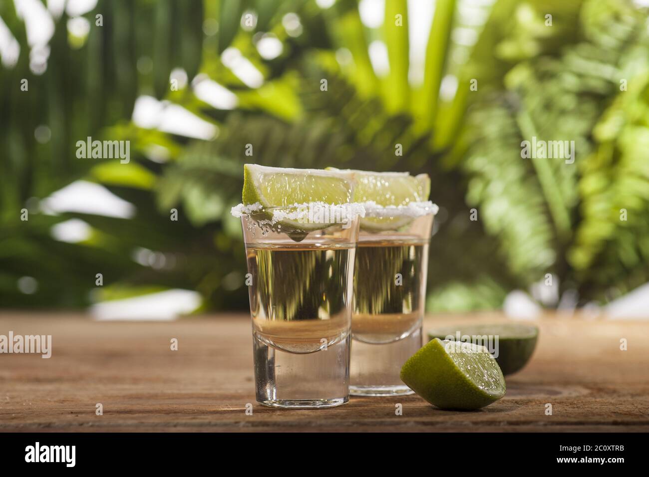Gold Tequila Shots mit Kalk Früchte Stockfoto
