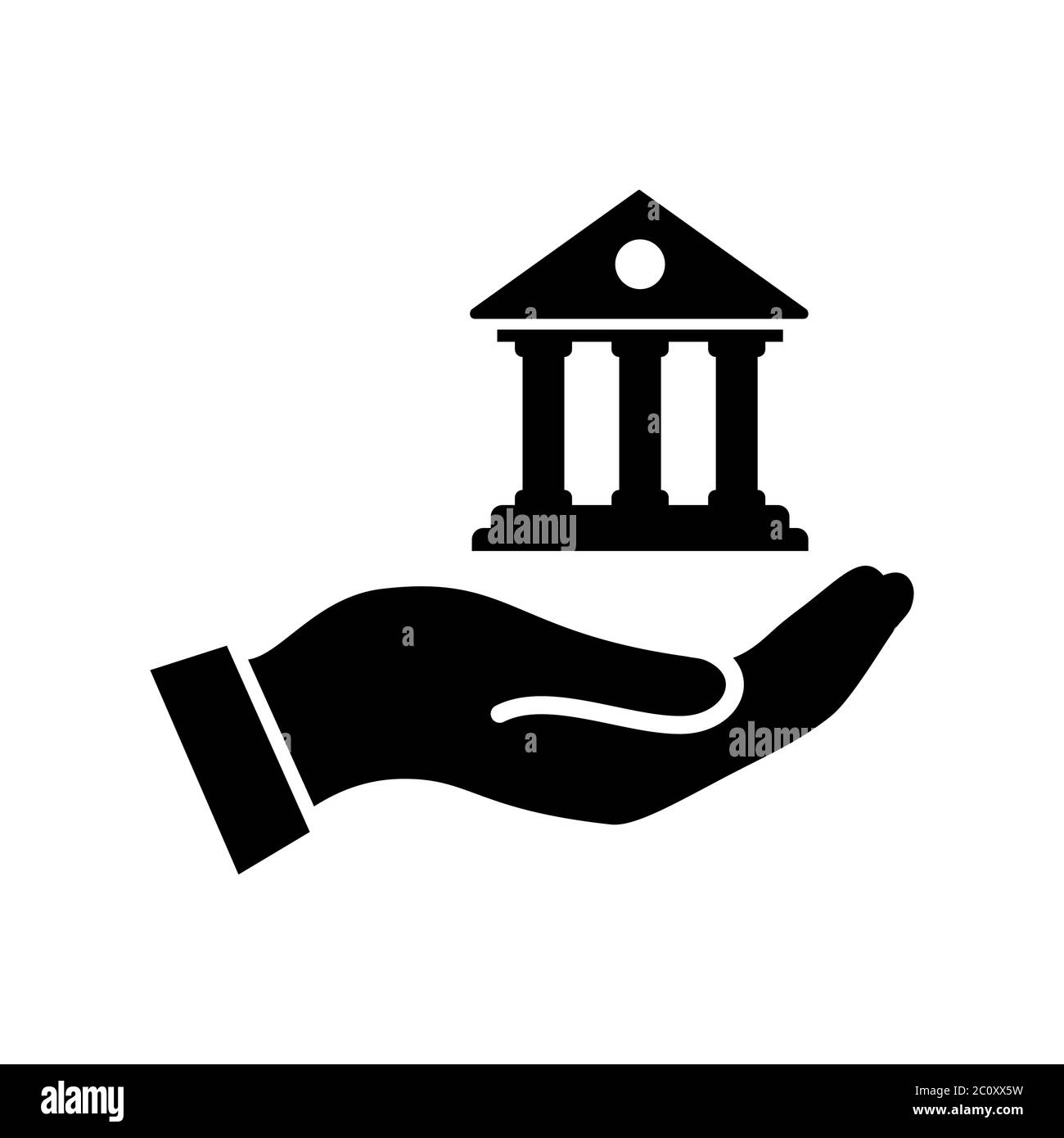 Einfache Vektordarstellung einer Hand, die Kreditdienstleistungen von einer vertrauenswürdigen Bank anbieten. Unterstützung durch Bankdienstleistungen für Kunden. Silhouette des Banksymbols. Stock Vektor