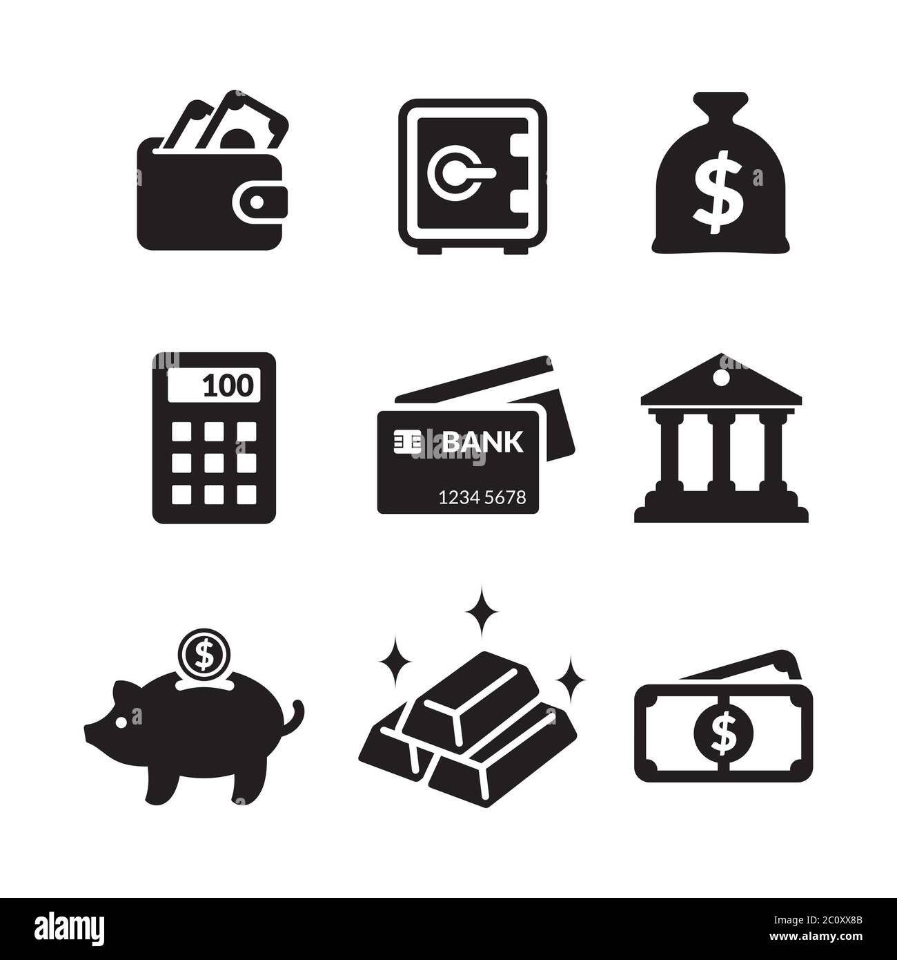 Eine Sammlung von Symbolen für Banken und Wirtschaftsaktivitäten. Kreditkarte, Geld, Rechner und mehr. Einfache flache Bankfinanzierung Icon-Set. Stock Vektor