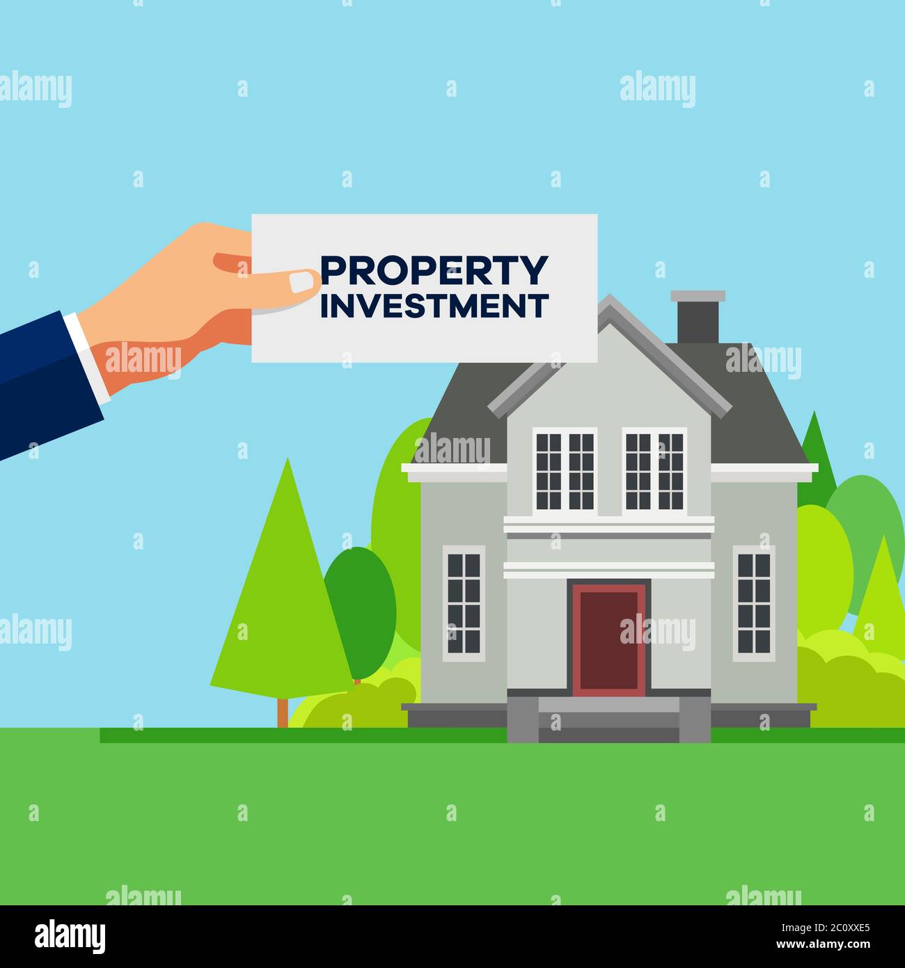 Illustration aus den Händen eines Geschäftsmannes, der eine Immobilieninvestitionskarte hält. Wohnungsinvestitionen für langfristige Vorteile. Geschäftsstrategie für Immobilien Stock Vektor