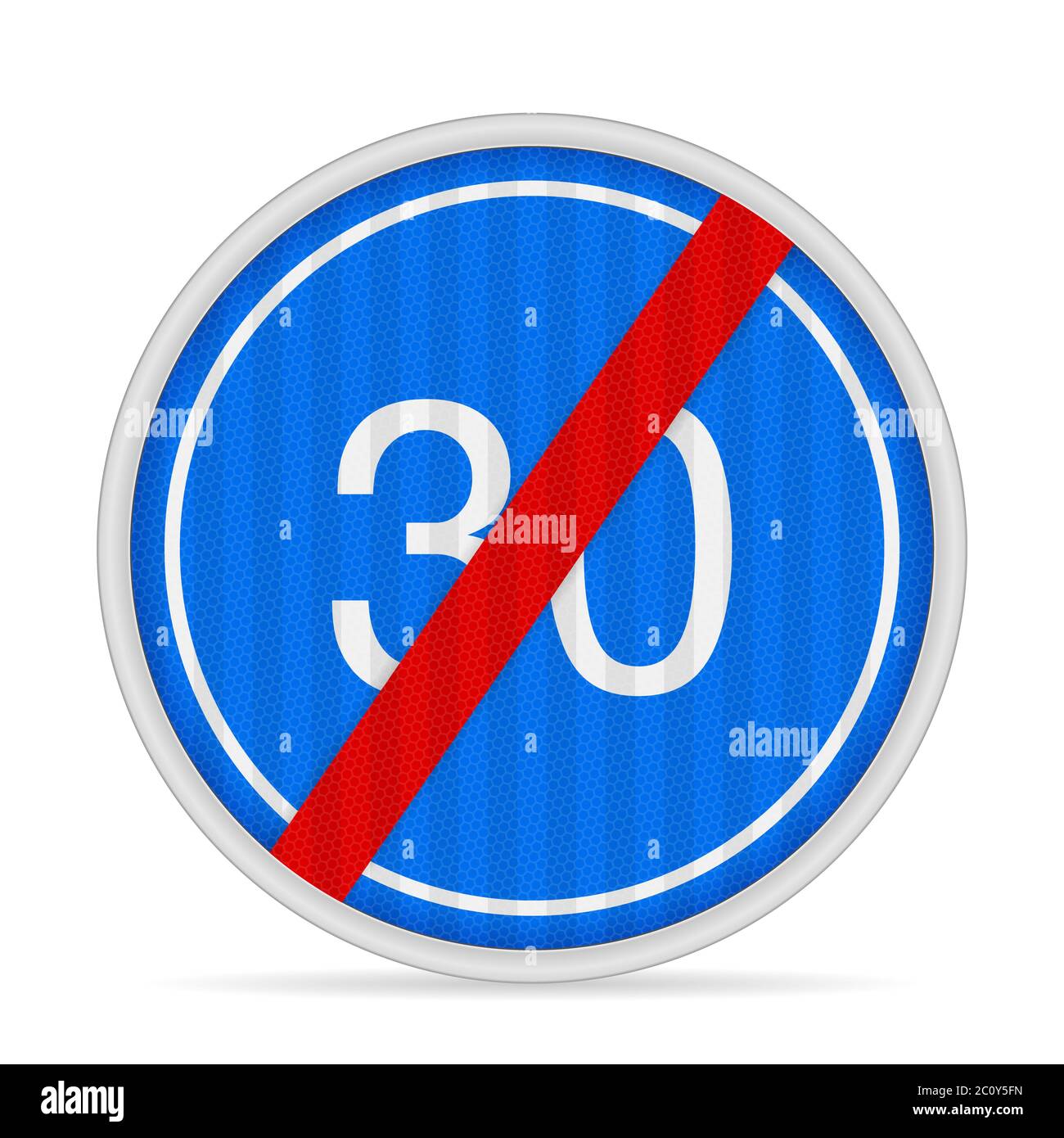 Ende des Straßenschilds mit minimaler Geschwindigkeit auf weißem Hintergrund. Vektorgrafik. Stockfoto