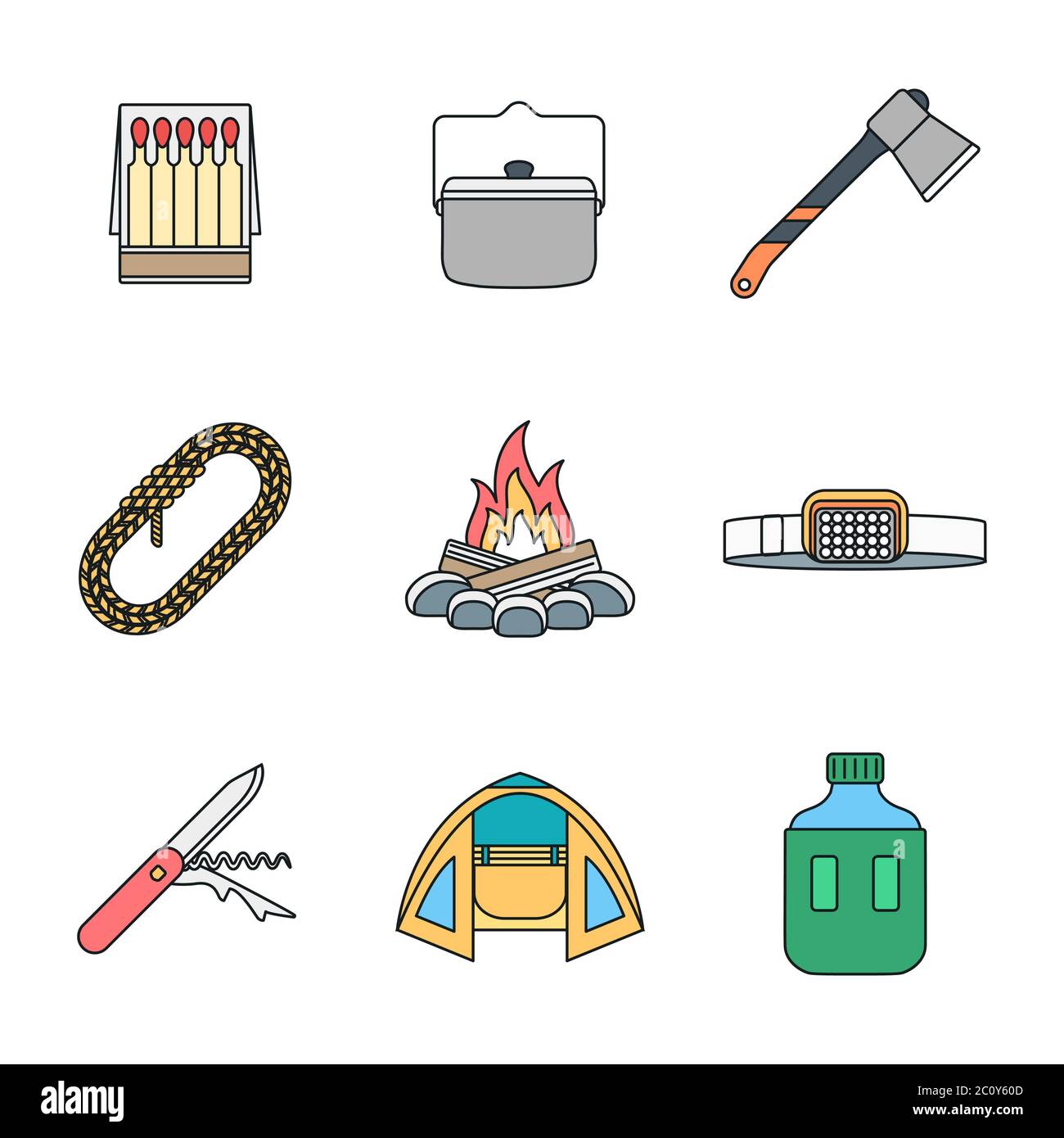 Farbige Umriss verschiedenen Camping Icons Sammlung Stockfoto