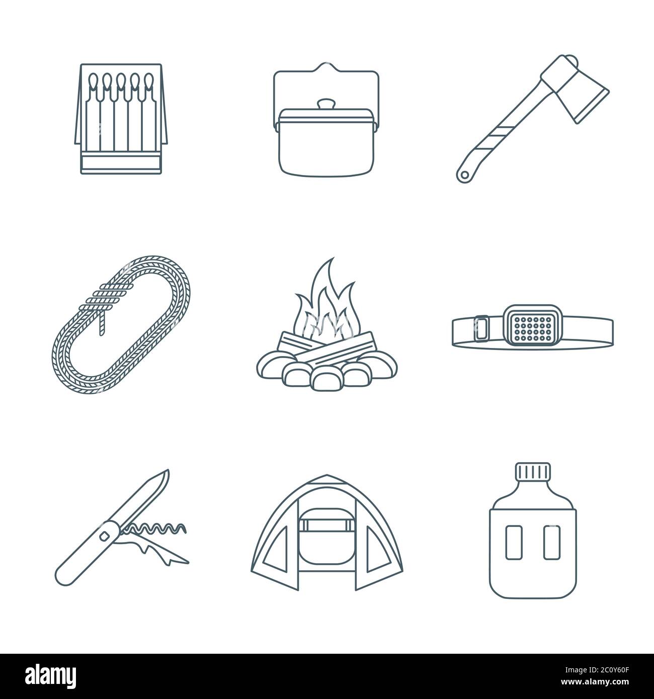 Dunkle farbige Umriss verschiedenen Camping Icons Sammlung Stockfoto