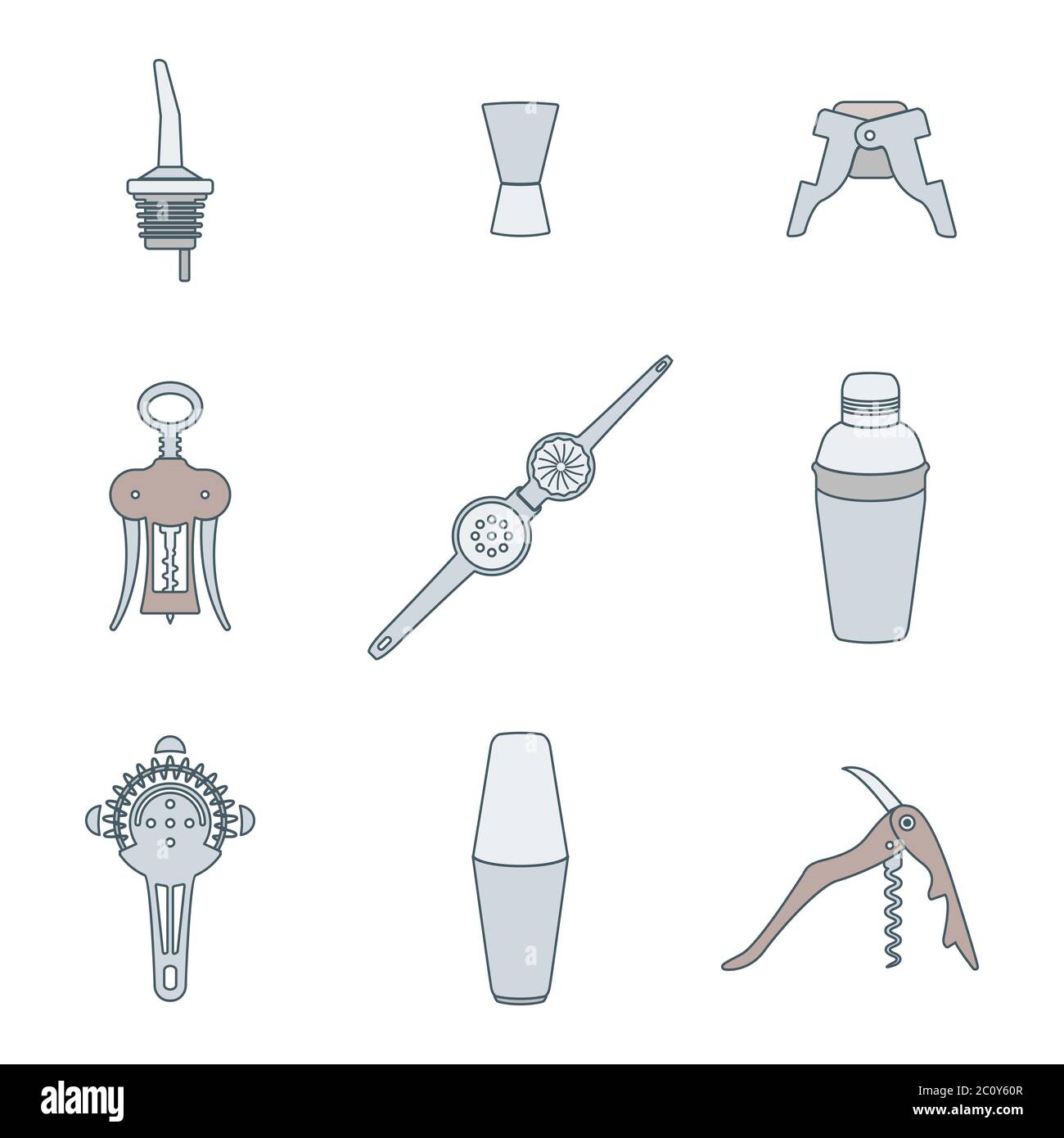 Farbige Umrisssymbole Barman Instrumente Set Stockfoto