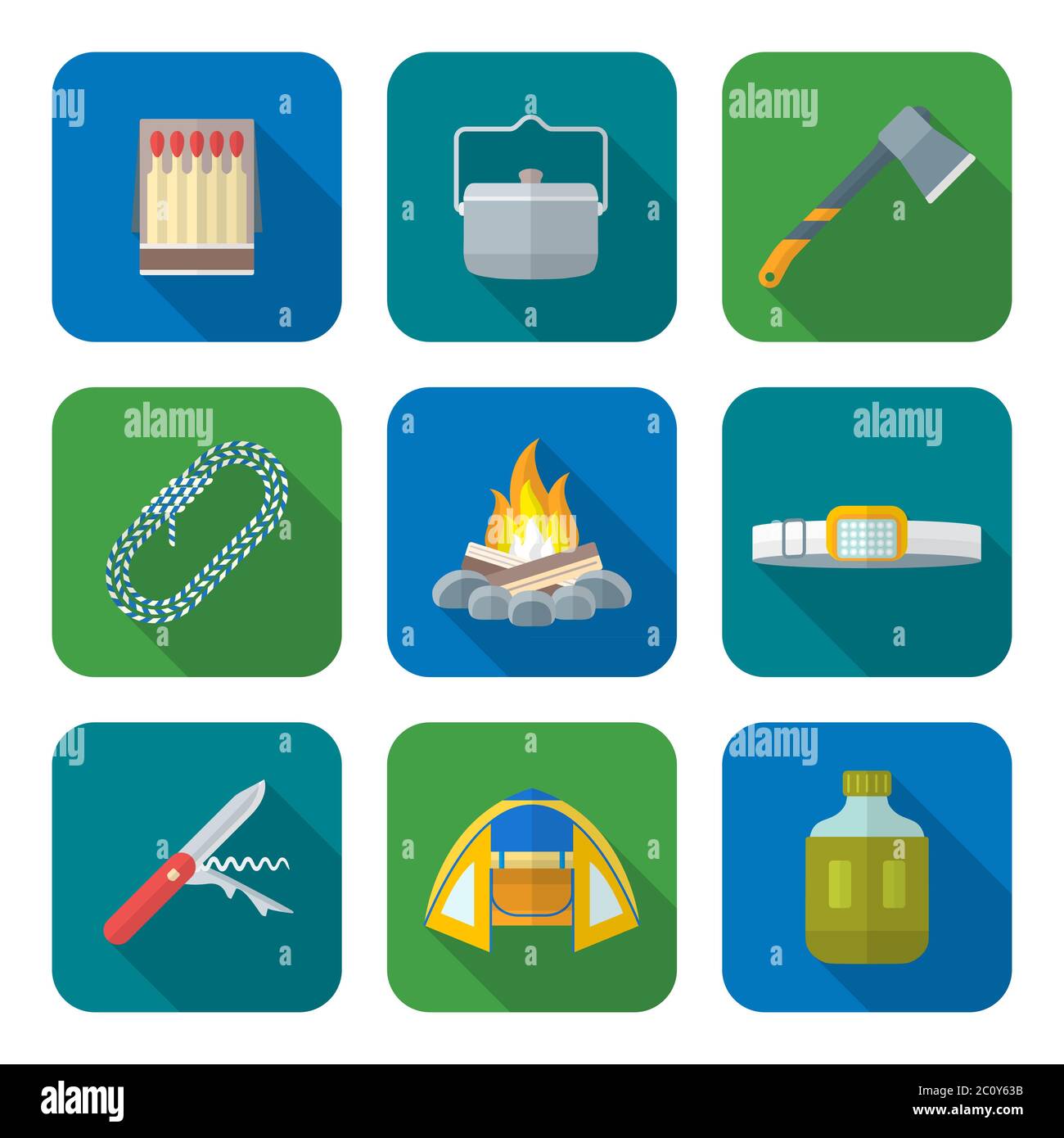 Flat Stil farbigen verschiedenen Camping Icons Kollektion Stockfoto