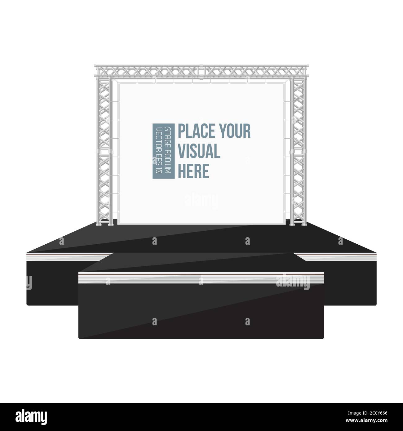 Schwarze Farbe flache Stil hohe Podium Bühne mit Banner auf Metall-Traversen Stockfoto