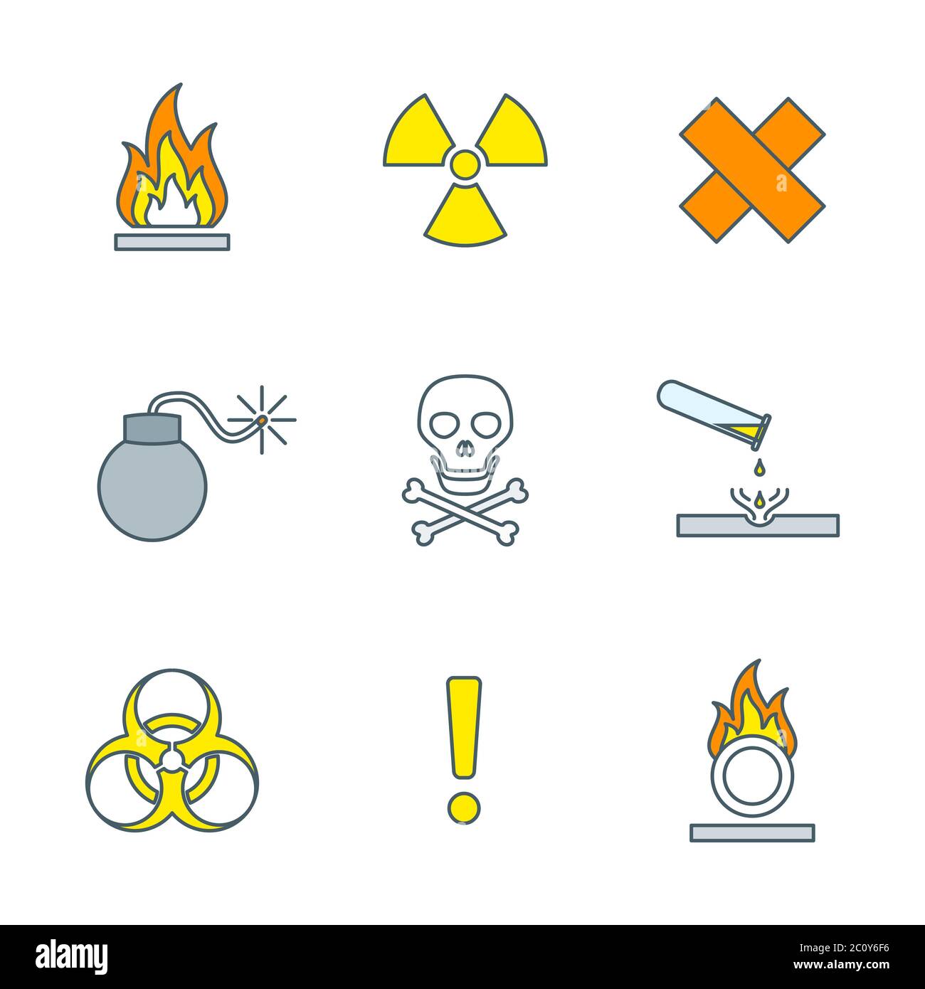 Farbige Umrisse Symbole für gefährliche Abfälle Warnschilder Symbole Stockfoto