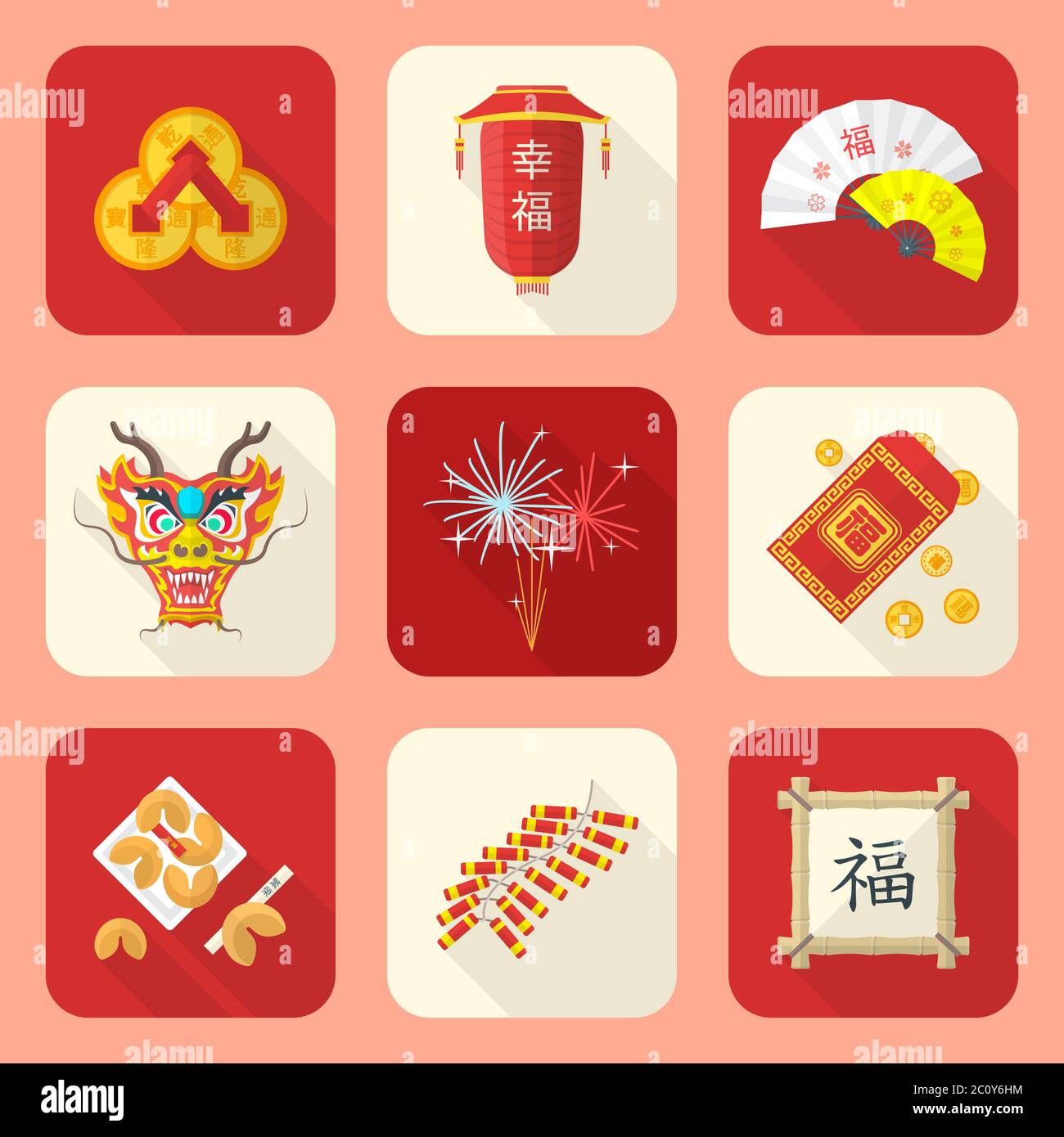 Farbe flache Stil chinesischen Neujahr Icons gesetzt Stockfoto