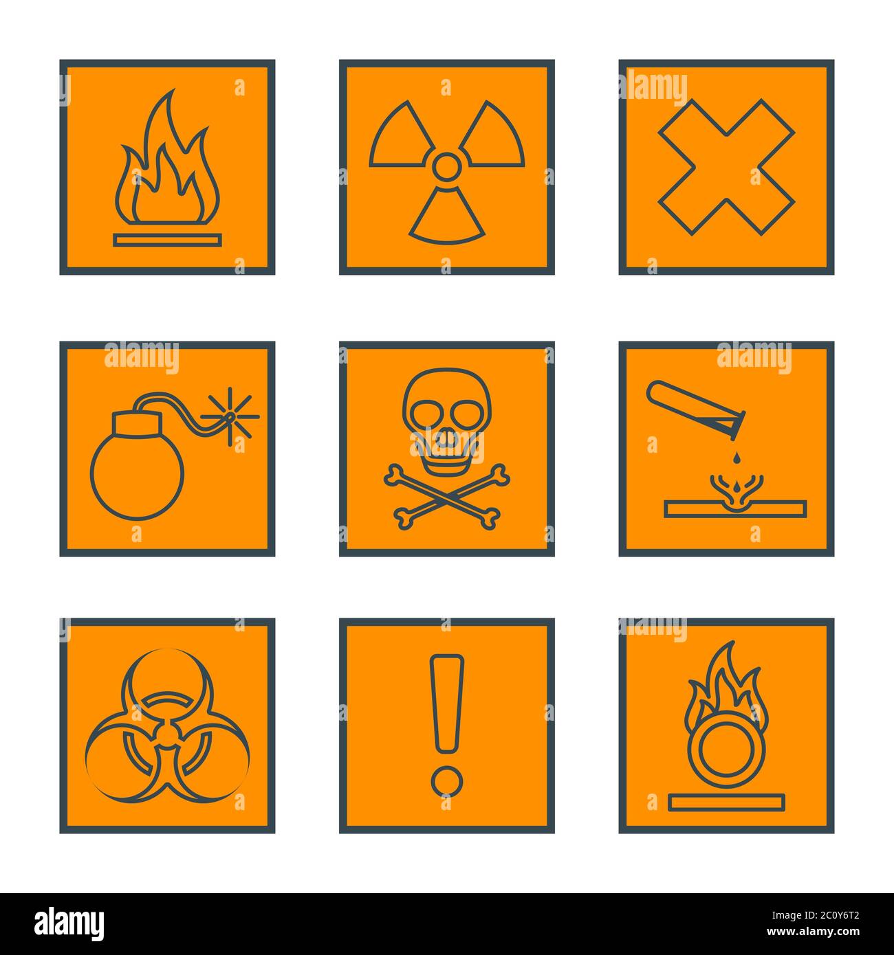 Orangefarbenes Quadrat, schwarze Umrisse, Symbole für gefährliche Abfälle, Warnschilder Stockfoto
