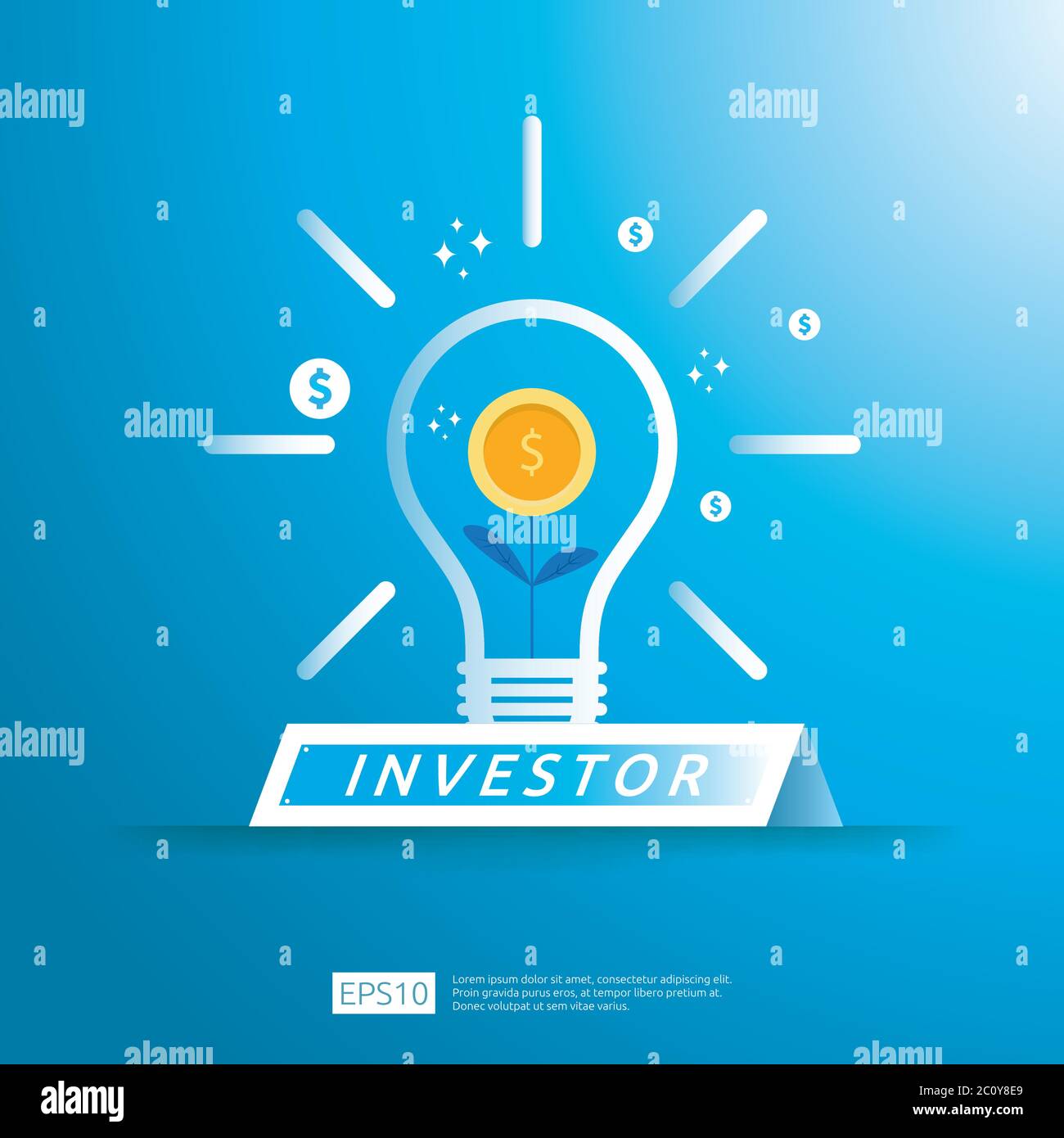 Finanzgeschäft Investor Finanzierung Konzept mit Grow Money Münze Pflanze auf Idee Licht Illustration. ROI oder Gehaltszahlung Stock Vektor